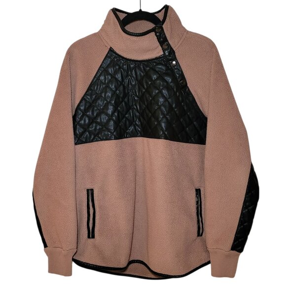 Abercrombie & Fitch Tan & Black Faux Leather Quilted Sherpa Fleece Pullover Sz L - Picture 11 of 11